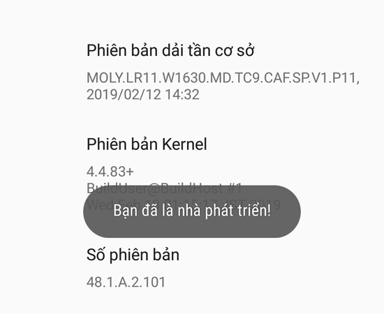 Bước 4: Tại mục Giới thiệu về điện thoại, h&atilde;y chạm nhiều lần v&agrave;o d&ograve;ng Số phi&ecirc;n bản cho đến khi tr&ecirc;n m&agrave;n h&igrave;nh hiển thị th&ocirc;ng b&aacute;o Bạn đ&atilde; l&agrave; nh&agrave; ph&aacute;t triển.