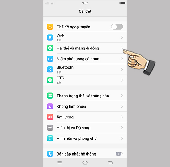 Cài đặt > Hai thẻ và mạng di động > Bật dữ liệu di động