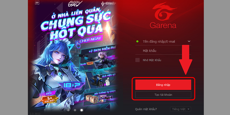 Đăng nhập hoặc đăng ký bằng tài khoản Garena