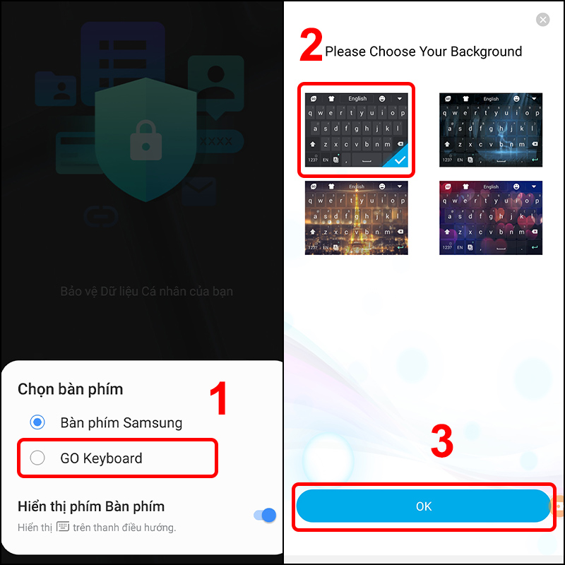 Chọn bàn phím GO Keyboard đến Chọn Chủ đề và Nhấn OK.