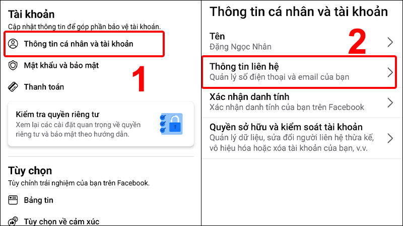 Vào Thông tin cá nhân và tài khoản và chọn Thông tin liên hệ