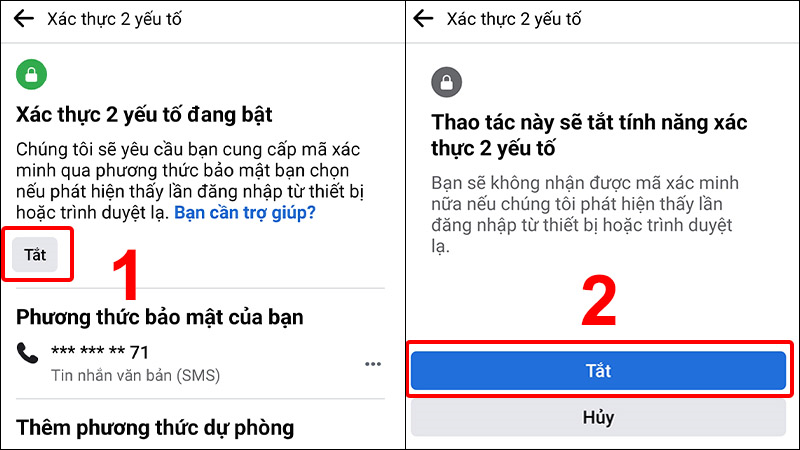 Nhấn Tắt để hủy bảo mật 2 lớp Facebook