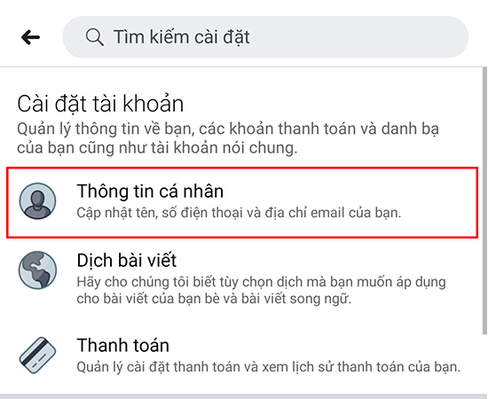 Bước 1: Các bạn vào ứng dụng, nhấp vào biểu tượng 3 dấu gạch như hình dưới -> Cài đặt -> Cài đặt tài khoản chọn Thông tin cá nhân