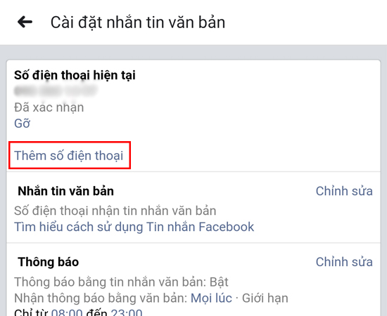Bước 3: Các bạn nhấp vào dòng chữ Thêm số điện thoại để thêm 1 số điện thoại nhận mã bảo mật.