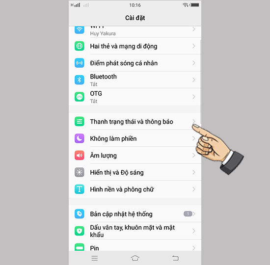 Bước 1: Vào cài đặt chọn thanh trạng thái và thông báo.