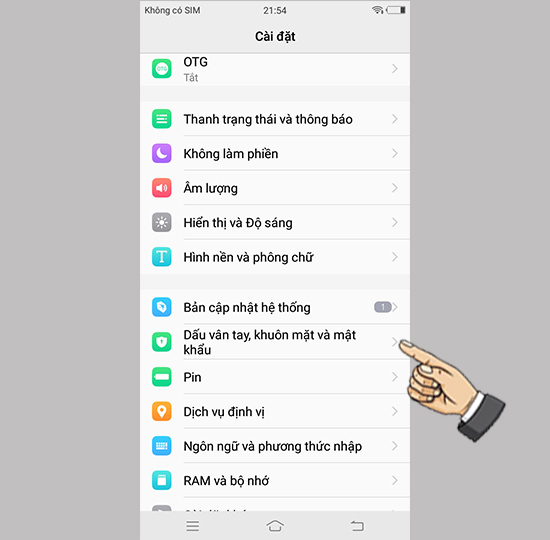 Bước 1: Vào cài đặt chọn dấu vân tay, khuôn mặt và mật khẩu.