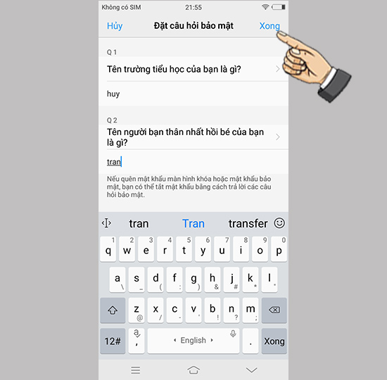 Bước 6: Đặt câu hỏi bảo mật.