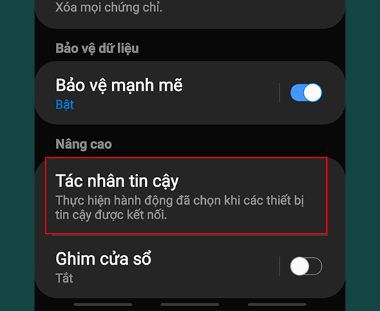 Bước 3: Tiếp theo, chọn mục Tác nhân tin cậy.