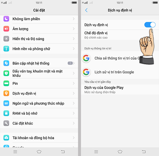 Bật dịch vụ định vị.