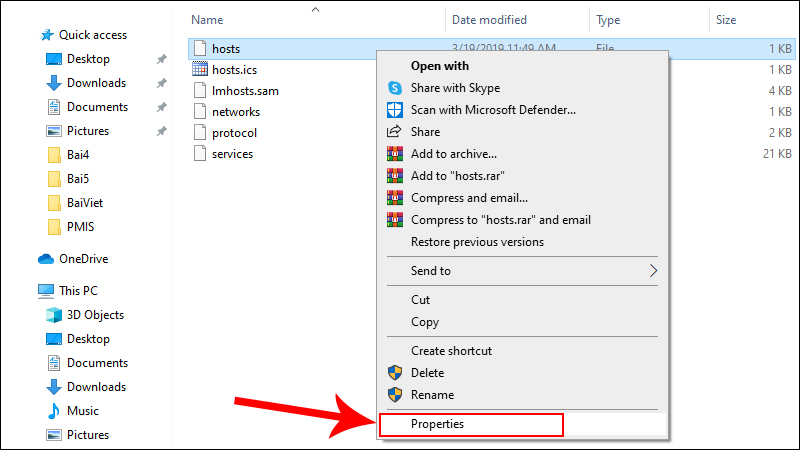 Nhấn chuột phải v&agrave;o file hosts v&agrave; chọn Properties