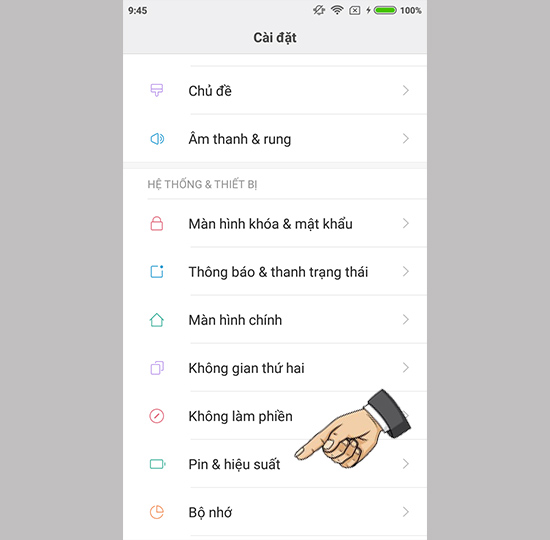 Vào cài đặt Pin