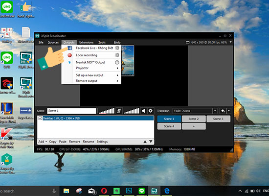 Vào Outputs, chọn Facebook live
