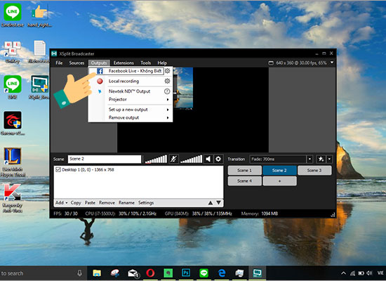 Chọn Outputs, Facebook Live