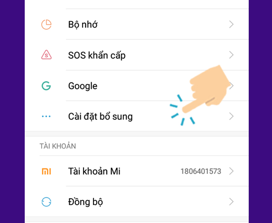  vào Cài đặt bổ sung