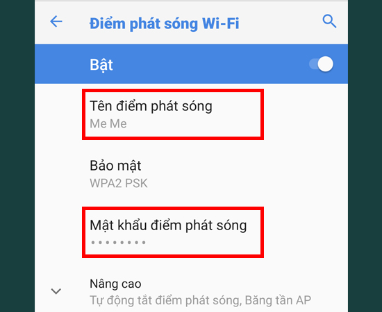 Bước 5: Bạn cũng c&oacute; thể thiết lập T&ecirc;n v&agrave; Mật khẩu điểm ph&aacute;t s&oacute;ng của m&igrave;nh.