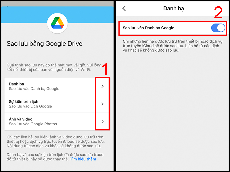 Tùy chọn dữ liệu cần sao lưu trên Google Drive