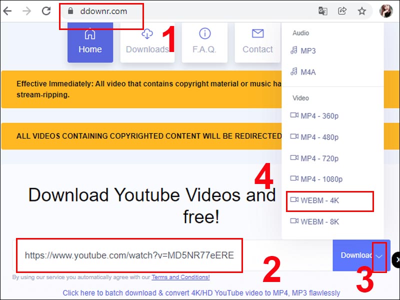 Dán link video muốn tải từ Youtube vào Web ddownr.com