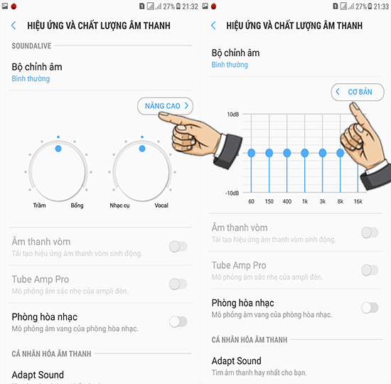 ​Chọn Nâng cao để hiệu chỉnh âm thanh.