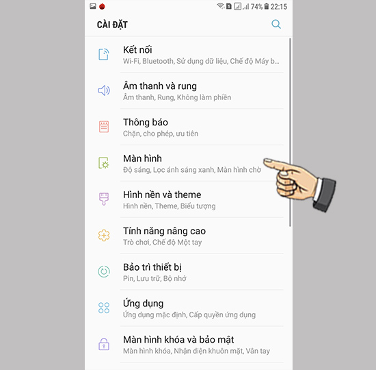 Bước 1: Vào cài đặt chọn màn hình.