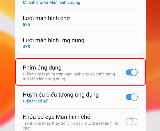 Bước 3: Sau đó bật hiển thị Phím ứng dụng.