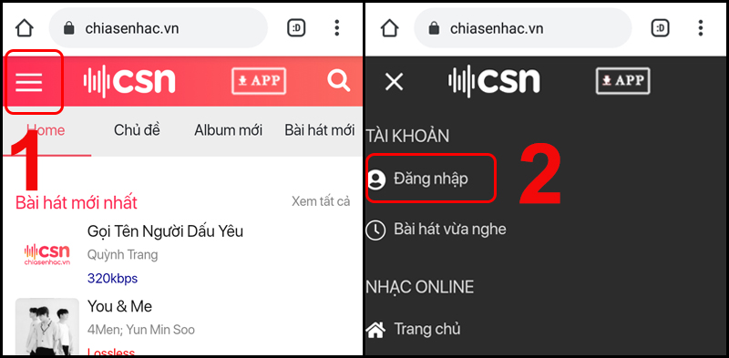 Đăng nhập vào tài khoản Chiasenhac.vn trên điện thoại