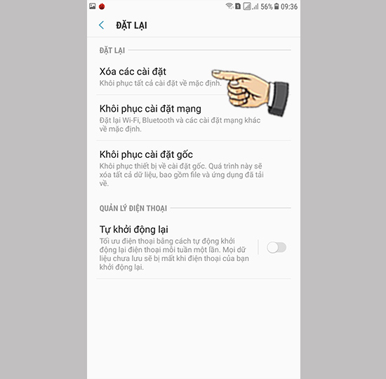 Bước 3: Chọn Xóa các cài đặt.