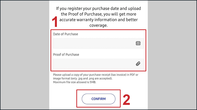 Nhập ngày mua sản phẩm và hóa đơn mua hàng để hoàn thành đăng ký bảo hành cho điện thoại