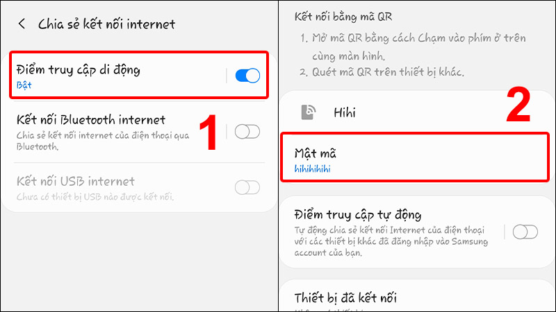 Nhấn v&agrave;o Điểm truy cập di động v&agrave; chọn Mật m&atilde;