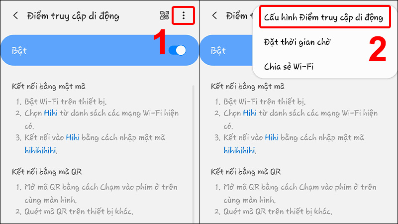 Nhấn v&agrave;o dấu ba chấm v&agrave; chọn Cấu h&igrave;nh Điểm truy cập di động