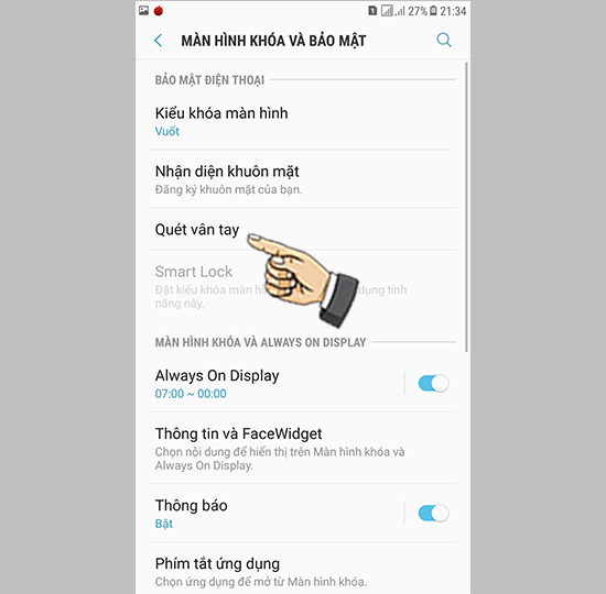 Bước 2: Chọn Quét vân tay