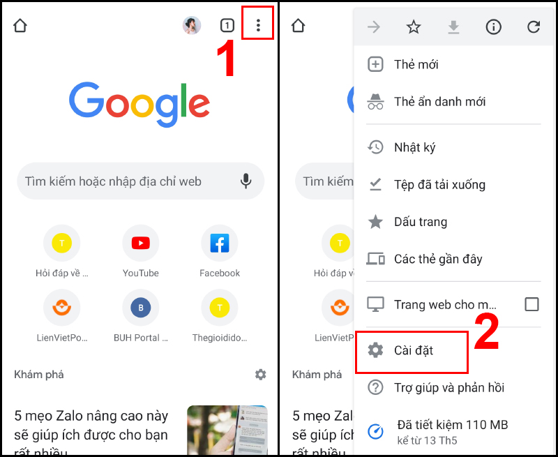 Mở Cài đặt trong ứng dụng Google Chrome trên điện thoại