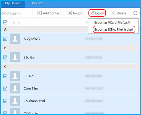 Bước 7: Sau đó bạn chọn Export -> Export as ICBkp File (.icbkp).