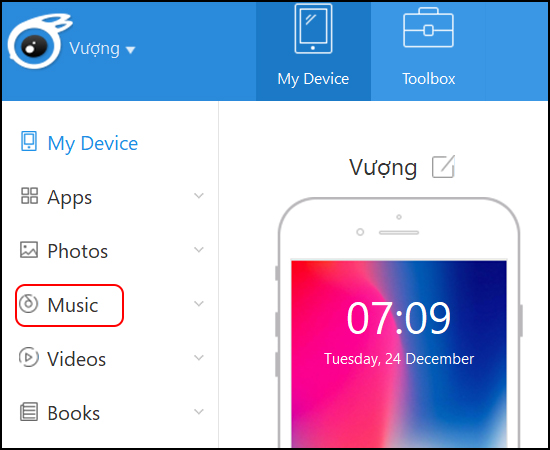 Bước 1:Đầu tiên bạn mở iTools đã kết nối với iPhone  Music nếu bạn muốn copy nhạc, chọn Videos nếu bạn muốn copy video.