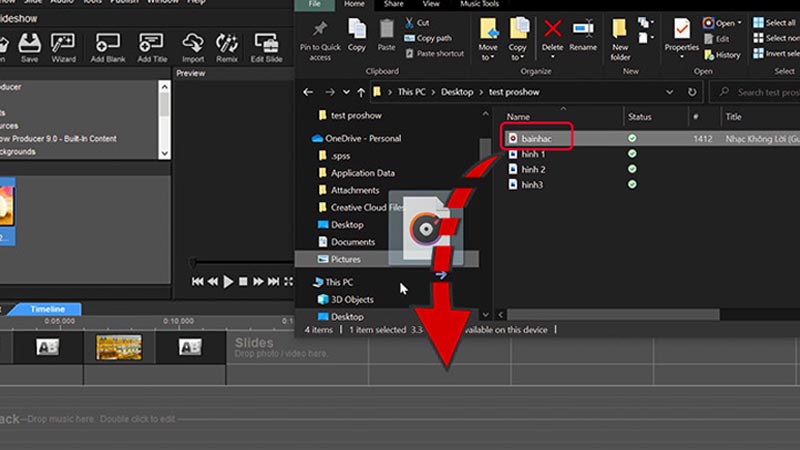 Kéo thả đoạn nhạc từ thư mục vào khung Soundtrack