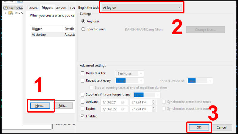 Tiếp tục vào New chọn At log on và nhấn OK