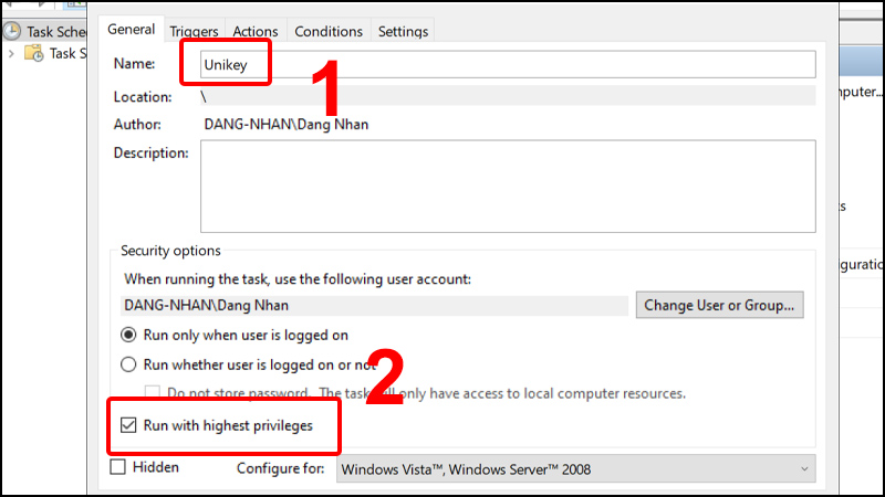 Đặt tên cho task và tích vào ô Run with highest priviteges