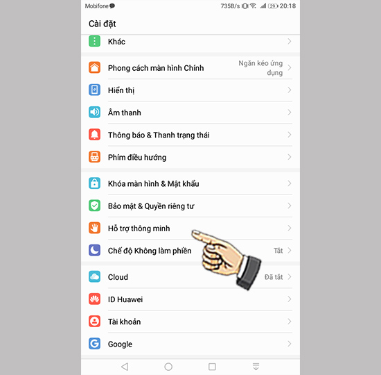 Bước 1: Vào cài đặt chọn hỗ trợ thông minh.