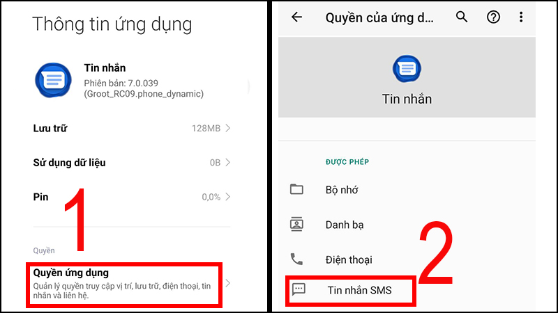 Trong ứng dụng Tin nhắn, chọn Quyền ứng dụng > Chọn SMS.