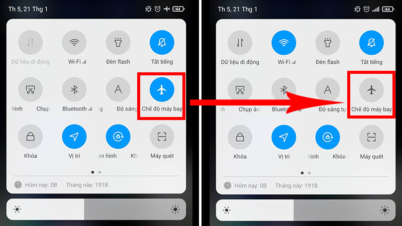 Từ màn hình chính, kéo xuống > chọn tắt chế độ máy bay.