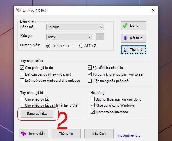 chọn bảng gõ tắt