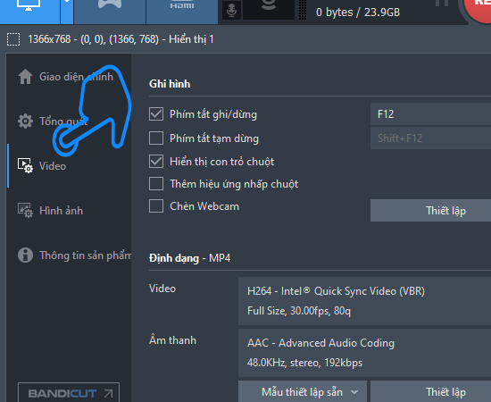 Trong tab Video có thể thiêt lập các phím tắt khi sử dụng chương trình.