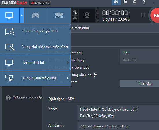 Bước 3: Chọn chế độ quay màn hình bằng cách nhấn vào biểu tượng hình tivi dưới tên ứng dụng Bandicam 