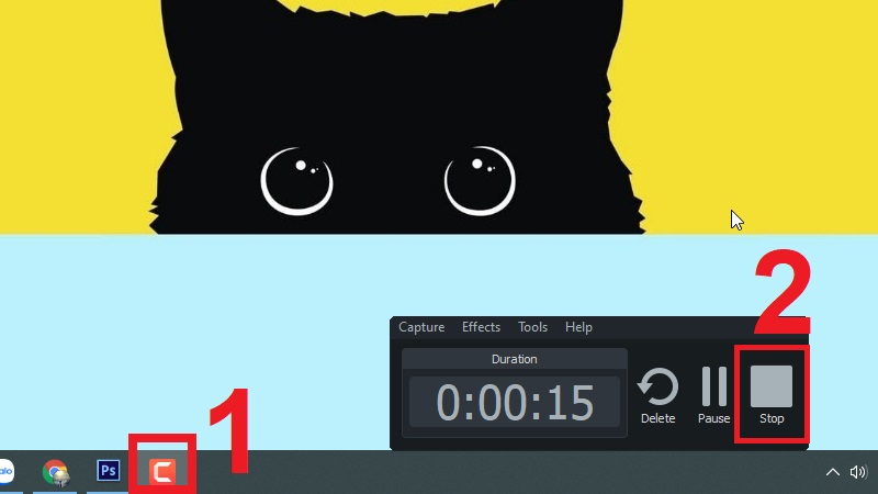 Nhấn chọn biểu tượng Camtasia màu đỏ ở thanh Taskbar rồi chọn Stop để dừng hẳn việc quay màn hình