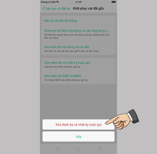 Chọn xóa danh bạ và nhật ký