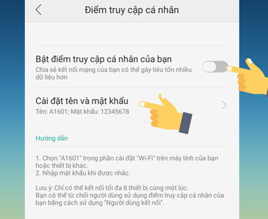 Bước 4: Tại đây bạn Bật điểm truy cập cá nhân lên, sau đó bạn vào Cài đặt tên và mật khẩu.