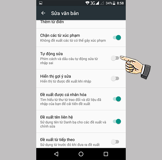 Tắt gợi ý từ.Tắt tự động sửa.