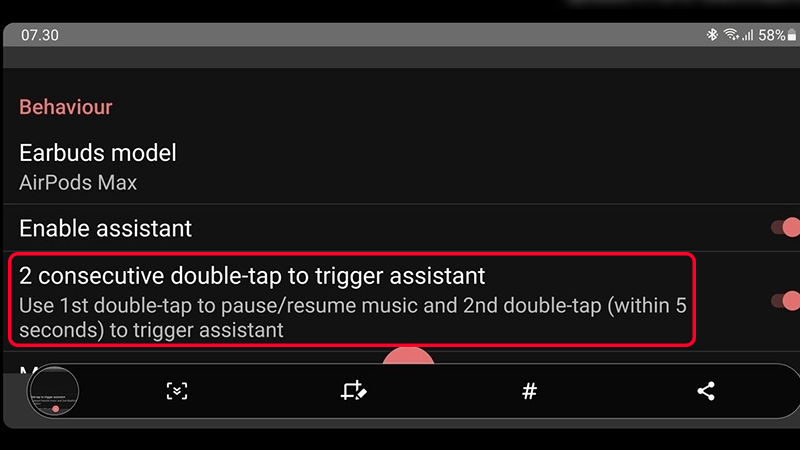 Bật 2 consecutive double-tap to trigger assistant