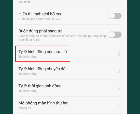 Bước 4: Tại đ&acirc;y, bạn chọn v&agrave;o Tỷ lệ h&igrave;nh động của cửa sổ.