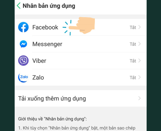 Bước 2: Tiếp theo bạn chọn ứng dụng muốn nh&acirc;n bản.