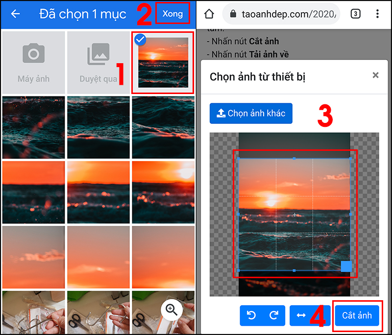 Bước 3: Chọn ảnh cần cắt  Nhấn Xong  Điều chỉnh vị trí phù hợp  Nhấn Cắt ảnh.